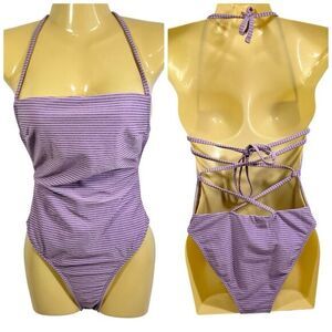 ASOS METALLIC PINSTRIPE STRAPPY LACE UP BACK ONE PIECE SWIMSUIT 4‎